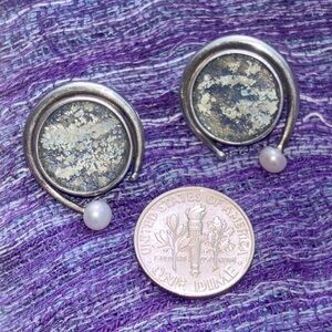 Bruria Tamir Sterling Silver Pearl Roman Glass Earrings Israel Israeli Modern
